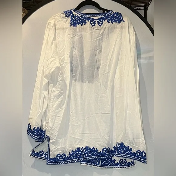 Michael Kors Blue and White Embroidered Tunic with Mandarin Collar - Picture 3 of 3
